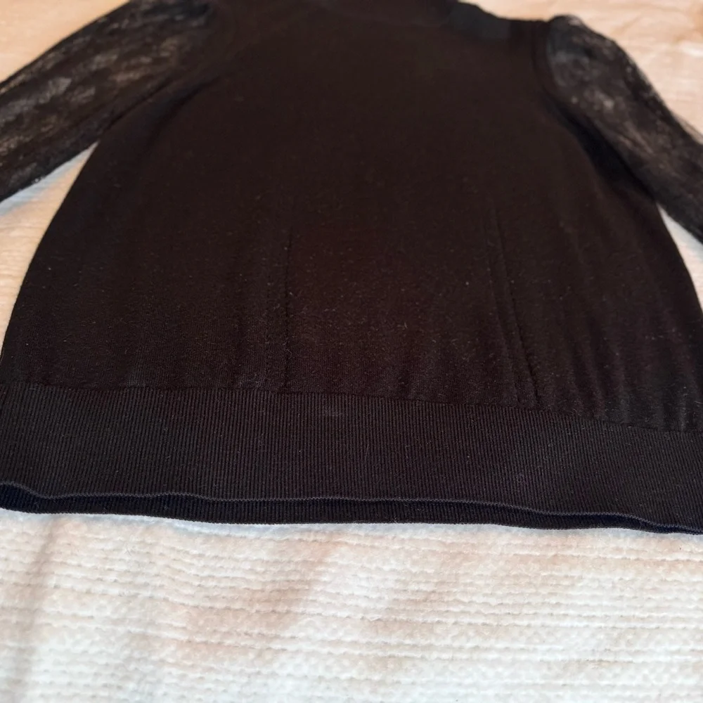 EQUIPMENT Femme Black Wool Silk Turtleneck Sweater Sheer Lace Sleeves Long Cuffs